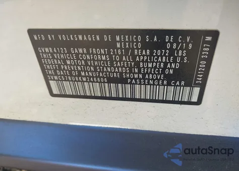 2019 Volkswagen Jetta 1.4T R-Line/1.4T S/1.4T Se из США, поврежденный, VIN 3VWC57BU8KM246606